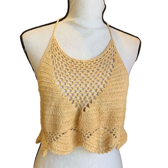 Cotton On Boho Crochet Open Weave Knit Tied Halter Crop Top Tan Scalloped Hem Md - Picture 1 of 9